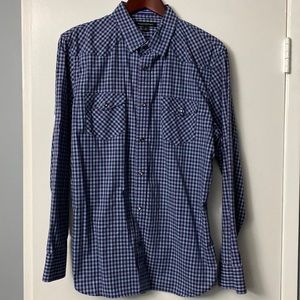 Banana Republic Blue Plaid Shirt with Gray Snap Buttons. Large